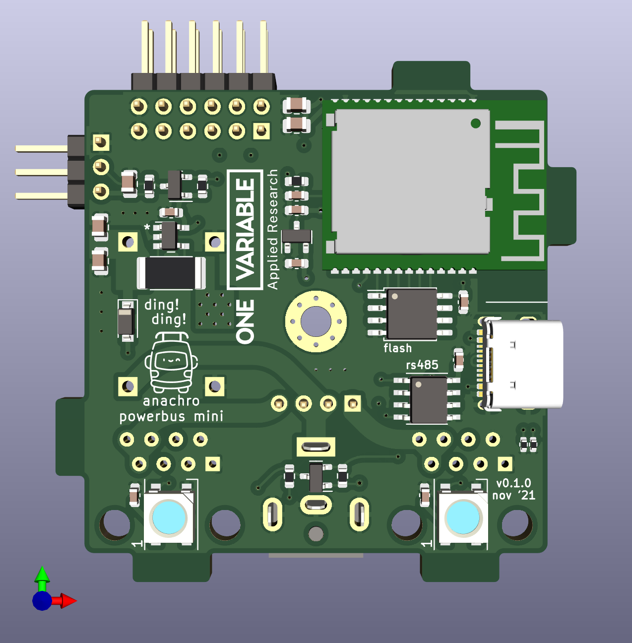 The front side of a rendered circuit board