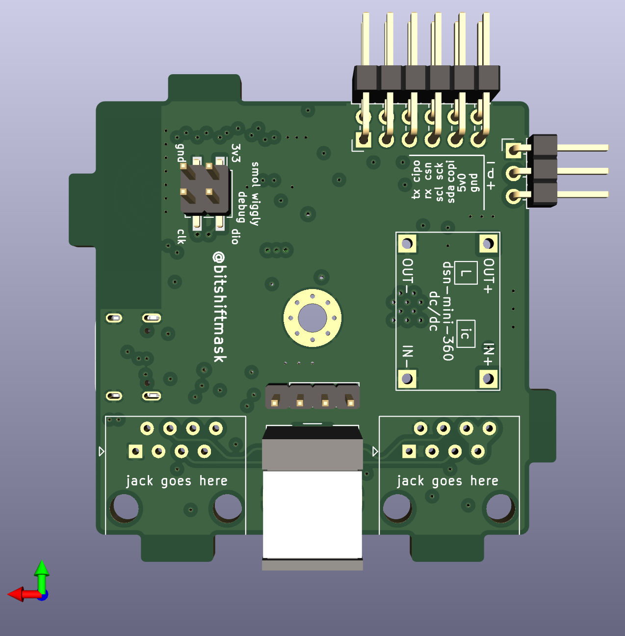 The back side of a rendered circuit board