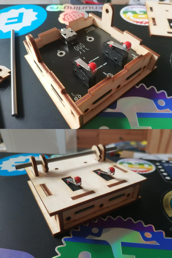 A circuit board inside of a laser cut wooden box