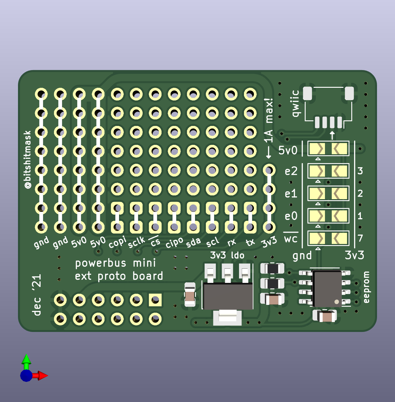 The front side of a rendered circuit board with a row of labeled pins