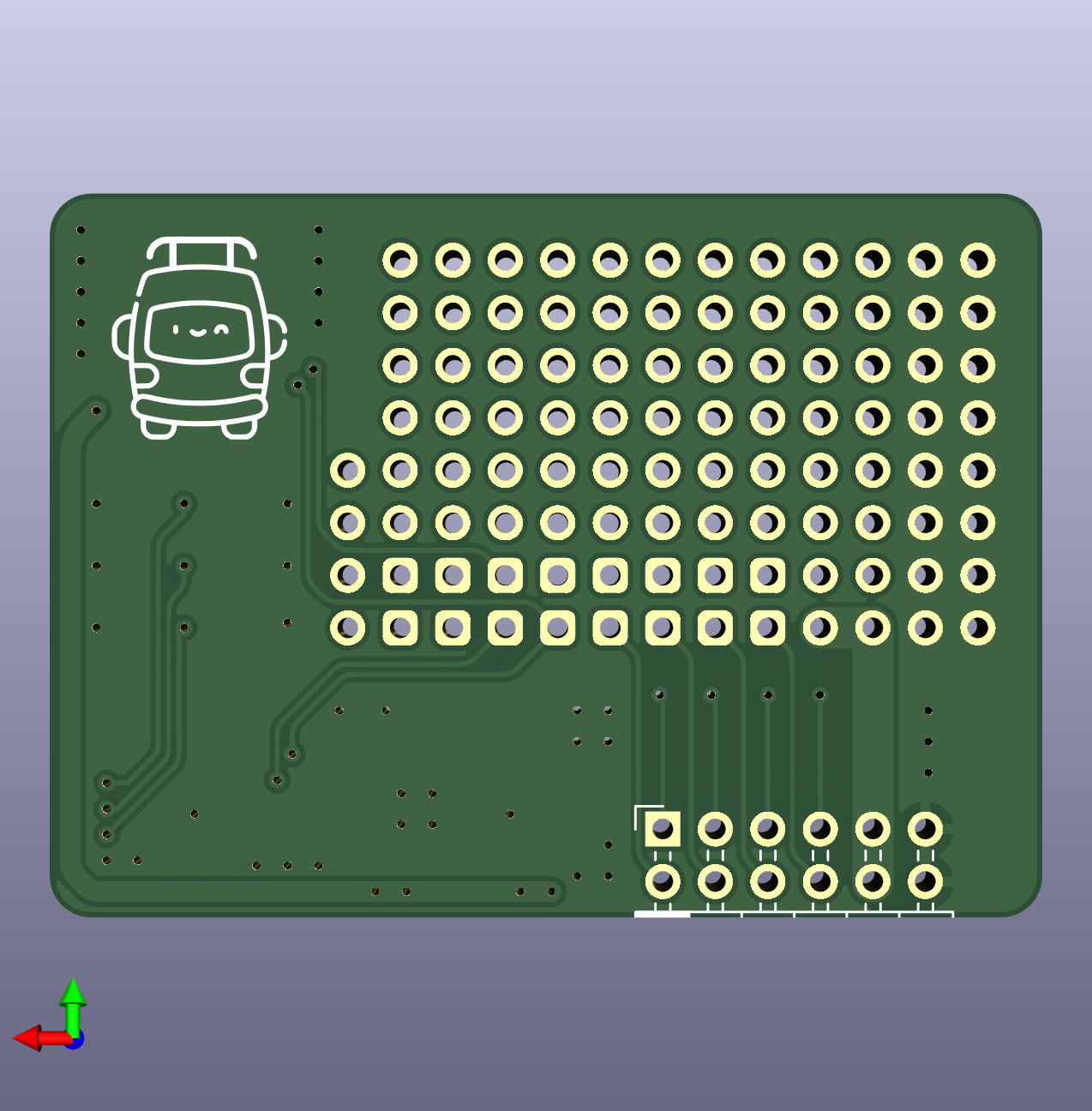 The back side of a rendered circuit board