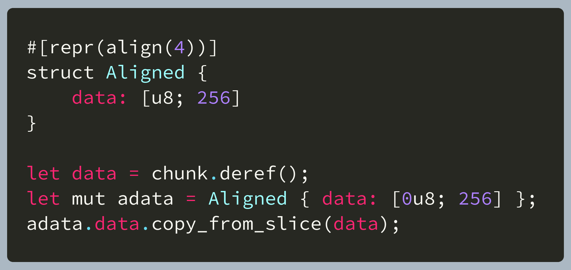 A snippet of code showing a four-byte aligned buffer