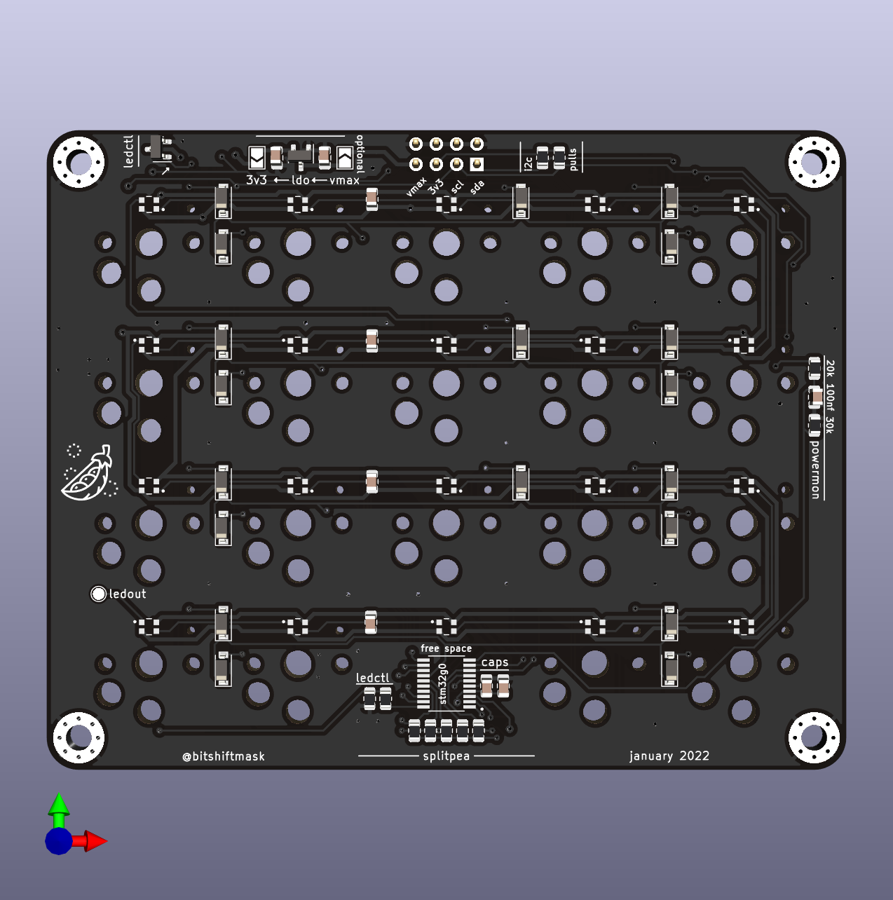 A render of the front side of a 4x5 keyboard PCB