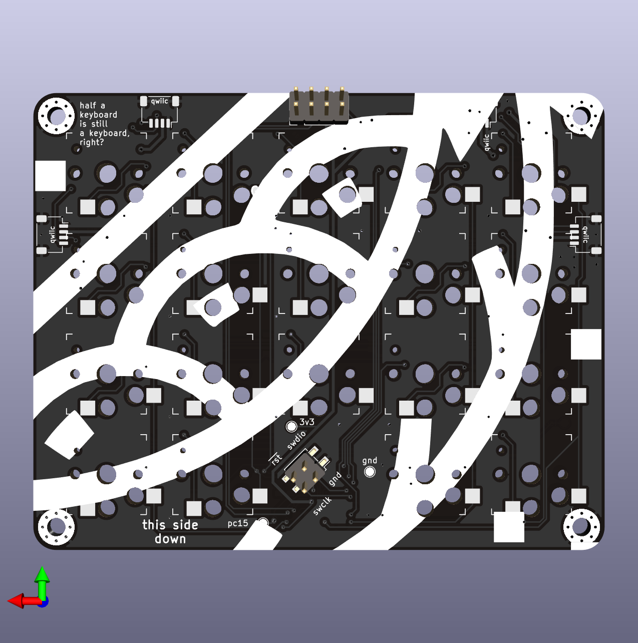 A render of the back side of a 4x5 keyboard PCB