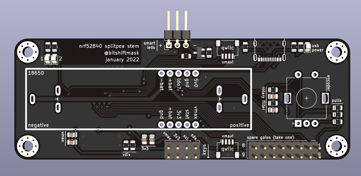 A render of the front side of a small PCB with a battery and nRF52 SOM