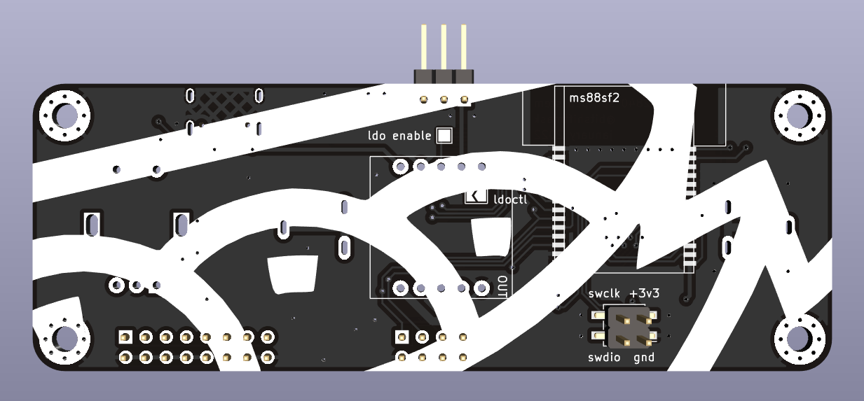 A render of the back side of a small PCB with a battery and nRF52 SOM